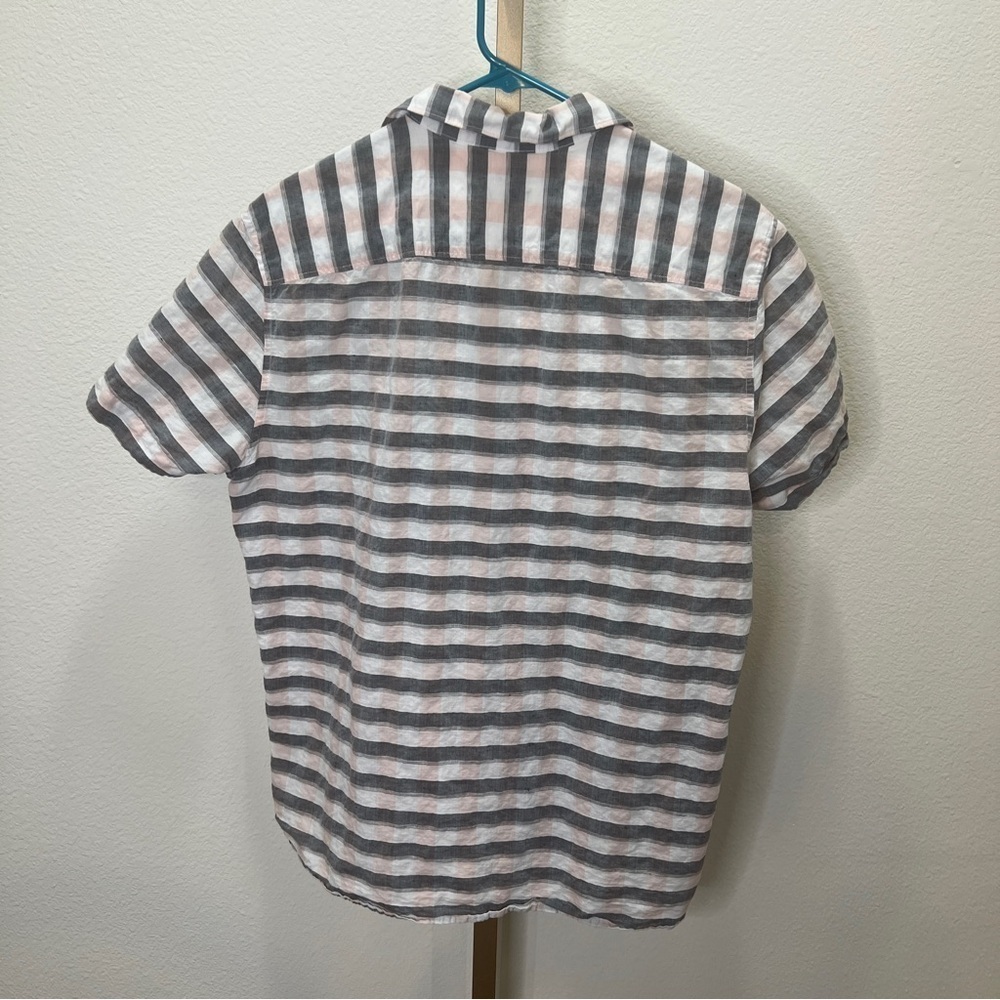 Perry Ellis short sleeve button down Linen Blend Grey White Pink Plaid Large - Picture 7 of 7